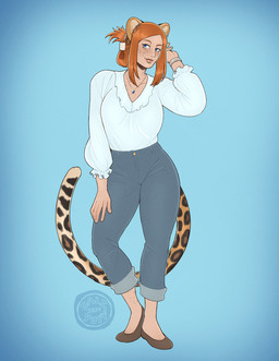 biped blue_eyes breasts clothed clothing feet female female_humanoid freckles hair leopard_spots orange_hair pinned_hair plantigrade solo spots dalipuff animal_humanoid cat_humanoid felid felid_humanoid feline feline_humanoid humanoid leopard leopardus mammal mammal_humanoid pantherine digital_media_(artwork)