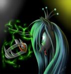 crown female gradient_background green_eyes green_hair hair headgear magic simple_background smile solo tongue zigword friendship_is_magic hasbro my_little_pony queen_chrysalis_(mlp) arthropod changeling 2013 hi_res