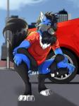 4_fingers black_body black_fur black_hair blue_body blue_fur car crouching feet fingers fur hair looking_at_viewer male paws smile solo vehicle sacipher vicente_(romeodog) canid canine canis mammal wolf 2019 3:4 digital_media_(artwork) hi_res