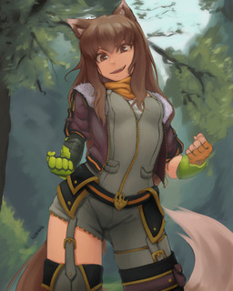 5_fingers athletic athletic_female athletic_humanoid breasts brown_body brown_clothing brown_eyes brown_fur brown_hair brown_jacket brown_tail brown_topwear clothed clothing cosplay female fingers fist fluffy fluffy_tail front_view fully_clothed fur glistening glistening_eyes green_clothing hair jacket long_hair looking_at_viewer open_mouth orange_scarf outside plant prosthetic prosthetic_arm prosthetic_limb scarf simple_background small_breasts smile solo standing straps tail teeth topwear tree seraziel rooster_teeth rwby spice_and_wolf holo_(spice_and_wolf) yang_xiao_long animal_humanoid canid canid_humanoid canine canine_humanoid humanoid mammal mammal_humanoid wolf_humanoid 4:5 digital_media_(artwork) hi_res shaded
