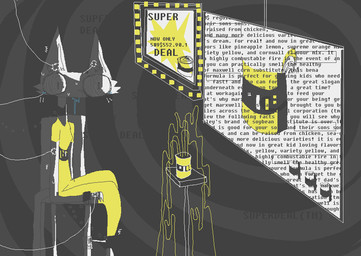abstract_background anthro bodily_fluids chair clothed clothed_female clothing dress drooling female forced furniture saliva sitting solo text yellow_clothing yellow_dress naircat domestic_cat felid feline felis mammal 2017 digital_media_(artwork) english_text microsoft_paint_(artwork) restricted_palette