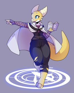 action_pose anthro bandage bandaged_arm blue_eyes book cloak clothing curvy_figure female horn jacket magic magic_circle magic_user pose scales solo spots tail thick_tail topwear torn_clothing yellow_body yellow_scales miikotorii errathimal_(zettra_thorn) kobold reptile scalie hi_res