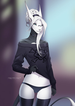 anthro black_sclera blue_eyes clothed clothing clothing_lift collar dreadlocks fangs female fur grey_body grey_fur hoodie legwear panties small_waist smile solo stockings striped_body striped_fur stripes teeth topwear underwear white_body mindmachine renu canid canine canis jackal jacktor jacktor_imperator mammal hi_res