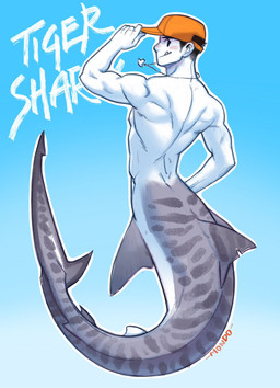 clothing dorsal_fin fin fingers hair hat headgear headwear legless male smile solo split_form tail tail_fin text mondoart aquatic merfolk shark_merfolk tiger_shark_merfolk english_text hi_res