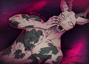 abstract_background anthro arm_tattoo chest_tattoo claws fangs horn leopard_spots male markings muscular muscular_anthro muscular_male nude open_mouth pecs pupils red_background simple_background small_pupils solo spots spotted_body tattoo teeth msdk_max beastars melon_(beastars) antelope bovid felid gazelle hybrid leopard mammal pantherine signature