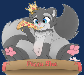 ambiguous_anthro ambiguous_gender anthro blue_eyes box container crown crown_only eating eating_food fangs feet food fur grey_body grey_fur headgear headgear_only outline pawpads pizza pizza_box pizza_slice sitting soles solo teeth xenoyia kalen_(xenoyia) mammal procyonid raccoon alpha_channel colored digital_media_(artwork) hi_res