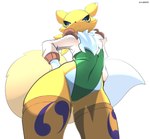 anthro clothed clothing female fur low-angle_view solo white_body white_fur worm's-eye_view yellow_body yellow_fur ando bandai_namco digimon canid canine digimon_(species) mammal renamon absurd_res hi_res