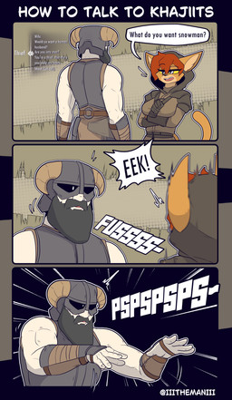 5_fingers anthro armor beard breasts clothed clothing crossed_arms dialogue duo facial_hair female fingers fur headgear helmet hood how-to male muscular muscular_male orange_body orange_fur pspsps racial_slur text thief the_man bethesda_game_studios microsoft skyrim the_elder_scrolls the_man_(character) felid human khajiit mammal 2026 absurd_res comic english_text hi_res
