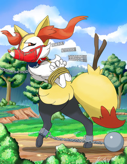 anthro arms_tied bdsm bondage bound chain cuff_(restraint) gag gagged muzzle_(object) muzzled restraints rope shackles raptorroper nintendo pokemon braixen generation_6_pokemon pokemon_(species) absurd_res hi_res