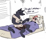 anthro bed black_body black_fur blush clothed clothing dialogue duo feeding female food fur furniture icepack ill male simple_background soup text nobby_(artist) disney pack_street zootopia betty_(weaver) remmy_cormo bovid canid canine canis caprine domestic_sheep mammal sheep wolf english_text