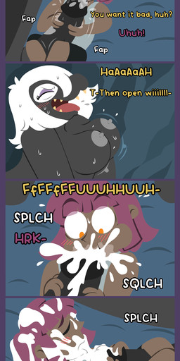 anthro barefoot black_body black_eyes black_skin bodily_fluids bottomwear cave clothing cum cum_inside dark_body dark_skin duo ejaculation eyeshadow fangs feet fellatio genital_fluids gynomorph hair intersex intersex/male larger_gynomorph larger_intersex magenta_hair makeup male male_human night oral overweight overweight_gynomorph overweight_intersex penile sea sex shirt shorts size_difference tank_top teeth text topwear water white_hair yellow_eyes yellow_sclera shane_frost aquatic cetacean human mammal whale absurd_res comic english_text hi_res