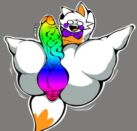 anthro balls big_balls big_butt big_penis bow_tie bow_tie_only butt countershade_torso countershading erection facial_tuft featureless_feet feet fur genitals grey_background hands_behind_head legs_up male male_anthro mostly_nude mostly_nude_anthro mostly_nude_male multicolored_penis one_fang open_mouth open_smile orange_body orange_countershading penis presenting presenting_balls presenting_penis rainbow_balls rainbow_penis reverse_countershading scrotum_flap simple_background smile solo tail text thick_thighs throbbing throbbing_penis tuft vein veiny_penis white_body white_fur gabessecretcave five_nights_at_freddy's five_nights_at_freddy's_world five_nights_at_frickbear's_(series) five_nights_at_frickbear's_3 scottgames lolbit_(fnaf) lolbit_(frickbear's) canid canine fox mammal 2026 digital_drawing_(artwork) digital_media_(artwork) english_text hi_res