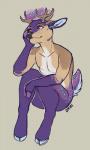 anthro antlers biped fur grey_background hooves horn male nude purple_body purple_fur red_eyes simple_background sitting solo gonewiththefart deer mammal 3:5 digital_media_(artwork)