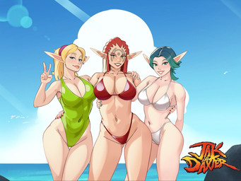 accessory beach big_breasts bikini blonde_hair blue_eyes breasts clothing collarbone ear_piercing ear_ring eyebrows eyelashes facial_tattoo female gesture green_clothing green_eyes green_hair green_swimwear group hair hair_accessory hairband hand_gesture hand_on_another's_hip hand_on_another's_shoulder hand_on_hip hand_on_shoulder humanoid_pointy_ears looking_at_viewer navel not_furry one-piece_swimsuit piercing pointy_ears red_bikini red_clothing red_hair red_swimwear ring_piercing smile swimwear tattoo thigh_gap trio two-piece_swimsuit v_sign white_bikini white_clothing white_swimwear wide_hips dmordraws jak_and_daxter naughty_dog sony_corporation sony_interactive_entertainment ashelin keira_(jak_and_daxter) tess_(jak_and_daxter) elf humanoid 2026 4:3 hi_res