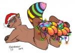 black_nose blue_eyes brown_body brown_fur christmas_clothing christmas_decorations christmas_headwear christmas_lights claws clothing feet foot_focus fur hat headgear headwear holidays multicolored_tail rainbow rainbow_tail santa_hat simple_background sparklefur tail whiskers strawbear christmas dakotasoftpaw mammal procyonid raccoon hi_res