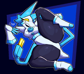 anthro big_breasts boots bottomwear breasts clothing female floating_hands footwear loincloth machine shoes smile solo spread_legs spreading tail thick_thighs wide_hips yellow_eyes chuyy deltarune undertale_(series) tasque_manager android darkner felid feline mammal robot absurd_res hi_res