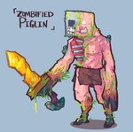 anthro bone bottomwear clothed clothing exposed_bone exposed_rib_cage fungus fungus_(minecraft) gold_(metal) golden_sword holding_melee_weapon holding_object holding_weapon loincloth male melee_weapon mushroom nipples pig_nose pink_body pink_skin rib_cage shadow simple_background skeleton skull skull_head snout solo sword text tusks warped_fungus weapon muoi_art microsoft minecraft mojang xbox_game_studios domestic_pig mammal piglin suid suine sus_(pig) undead zombie zombified_piglin digital_media_(artwork)