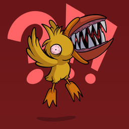3_toes ambiguous_feral ambiguous_gender beak black_eyes bloodshot_eyes exclamation_point feathered_wings feathers feet feral flying gums long_fangs looking_at_viewer open_beak open_mouth orange_beak pink_gums question_mark red_background sharp_teeth simple_background solo tail tail_feathers teeth toes toothed_beak wings yellow_body yellow_feathers yellow_tail yellow_wings crispytoastyt r.e.p.o. anatid anseriform apex_predator_(r.e.p.o.) avian bird duck 1:1 2025 cel_shading colored digital_drawing_(artwork) digital_media_(artwork) english_description hi_res shaded