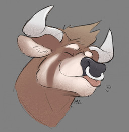 2_horns anthro brown_body brown_hair facial_piercing grey_background hair horn male nose_piercing piercing simple_background solo tongue tongue_out white_body minedoo minedoo_(character) bovid bovine cattle mammal 2020 hi_res