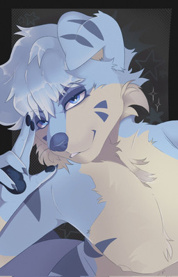 anthro bedroom_eyes blue_body blue_eyes blue_fur blue_hair chest_tuft close-up fisheye_lens floppy floppy_ears fur fur_markings gesture hair hand_gesture male markings multicolored_body multicolored_fur narrowed_eyes seductive smug smug_face solo star tuft v_sign s6ftmutt aquatic fish hybrid mammal shark hi_res