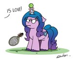 :i ball blue_hair cutie_mark female gradient_hair hair horn horn_in_ball humor levitation magic offscreen_character purple_hair solo tennis_ball tennis_ball_on_horn tennis_racket unimpressed bobthedalek hasbro mlp_g5 my_little_pony mythology izzy_moonbow_(mlp) equid equine mammal mythological_creature mythological_equine unicorn hi_res