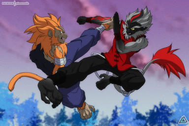 anthro clothed clothing duo feet fight fur hair male nipples simple_background tail teeth prismanoodle asnee tama_(prismanoodle) haplorhine mammal monkey primate 3:2 hi_res