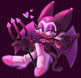 5_fingers alternate_costume alternative_fashion anthro back_wings biped black_nose boots breasts brown_body brown_skin chibi cleavage closed_smile clothed clothing cosplay crossover_cosplay eyelashes eyeshadow female fingers footwear fur geometric_background glistening glistening_eyes gloves grid_background handwear heart_boots heart_clothing heart_footwear heart_symbol heart_topwear lipstick long_eyelashes looking_at_viewer makeup membrane_(anatomy) membranous_wings mouth_closed outline pattern_background shoes simple_background smile solo spade_tail tail topwear white_body white_fur white_outline wings candycatstuffs onegai_my_melody sanrio sega sonic_the_hedgehog_(series) kuromi rouge_the_bat bat demon lagomorph leporid mammal rabbit 2022 crossover hi_res signature