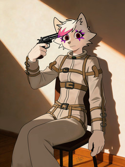 bondage_gear fur gun gunshot holding_gun holding_object holding_ranged_weapon holding_weapon imminent_death imminent_suicide male ranged_weapon solo weapon white_body white_fur kawasakiwind mikhail_(kawasakiwind) canid canine mammal 3:4 hi_res