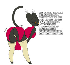 anthro bent_over big_breasts big_butt black_body black_fur breasts butt clothed clothing eyelashes female fur simple_background solo tail teasing text thick_thighs gojo_skull koheka domestic_cat felid feline felis mammal digital_media_(artwork) english_text hi_res