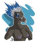 anthro areola beak blue_body blue_eyes blue_feather_hair blue_feathers blue_insides breasts cyanotic_epithelium facial_markings feather_hair feathered_crest feathers female grey_body grey_skin head_crest head_markings looking_at_viewer markings nipples non-mammal_breasts nude pseudo_hair pupils purple_areola purple_nipples sharp_teeth simple_background slit_pupils solo teeth white_body white_feather_hair white_feathers neonyx halo_(series) microsoft xbox_game_studios alien avian kig-yar scalie t'vaoan bust_portrait hi_res portrait