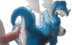 anthro biceps blue_body blue_skin blush bodily_fluids breasts butt countershading cum cum_on_butt digiphilia duo erection female genital_fluids genitals horn human_on_anthro interspecies looking_back male male/female membrane_(anatomy) membranous_wings muscular nipples nude penis raised_tail simple_background tail vein white_background wide_hips wings yellow_eyes l1zardman bandai_namco digimon mythology digimon_(species) dragon exveemon human mammal mythological_creature mythological_scalie reptile scalie