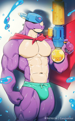 abs anthro backwards_hat bulge cape clothing green_clothing green_underwear gun hat headgear headwear holding_gun holding_object holding_ranged_weapon holding_weapon horn male muscular muscular_anthro muscular_male obscured_eyes pecs purple_body quads ranged_weapon seam_(sewing) solo toy toy_gun underwear water water_gun weapon white_body canyne_khai brawl_stars supercell_(company) pierce_(brawl_stars) dinosaur prehistoric_species reptile scalie 5:8 hi_res