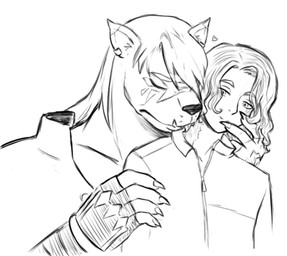 anthro digiphilia duo hair heart_symbol interspecies licking long_hair male male/male muscular muscular_anthro muscular_male neck_lick pecs scar tongue tusks ps_(pixiv) bandai_namco digimon digimon_beatbreak kyo_sawashiro digimon_(species) felid feline human mammal murasamemon