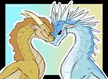 black_sclera blue_body blue_scales blush brown_body brown_scales countershade_neck countershading duo ears_back eyes_closed facial_scar feral foreheads_touching gradient_background head_spikes horn long_neck looking_away male male/male membrane_(anatomy) membranous_wings nose_spike nose_to_nose pivoted_ears romantic romantic_couple scales scar simple_background smile snout spikes spikes_(anatomy) wings darkenstardragon european_mythology mythology wings_of_fire qibli_(wof) winter_(wof) dragon icewing_(wof) mythological_creature mythological_scalie sandwing_(wof) scalie western_dragon 2019 dated signature