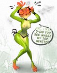 2024 absurd_res amphibian anthro bikini bikini_bottom butt clothing dialogue digital_media_(artwork) embarrassed english_text female fingers flat_chested freckled_butt freckled_face freckled_legs freckled_thighs freckles freckles_on_shoulders frog hi_res nipples open_mouth solo speech_bubble swimwear text two-piece_swimsuit wardrobe_malfunction zoquete