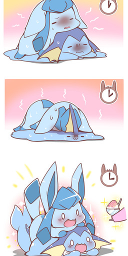 acid_armor ambiguous_gender bodily_fluids clock duo eyes_closed feral food group open_mouth pokemon_move sweat azuma_minatsu nintendo pokemon eeveelution espeon generation_1_pokemon generation_2_pokemon generation_4_pokemon glaceon pokemon_(species) vaporeon 2018 comic hi_res