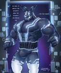 2023 abs anthro barazoku biceps big_muscles biped black_eyes bulge dominant dominant_anthro dominant_male english_text five_nights_at_freddy's five_nights_at_freddy's:_security_breach glaucablitz hi_res lagomorph leporid looking_at_viewer male mammal muscular muscular_anthro muscular_dom muscular_male mxes_(fnaf) pecs rabbit scottgames solo standing steel_wool_studios text