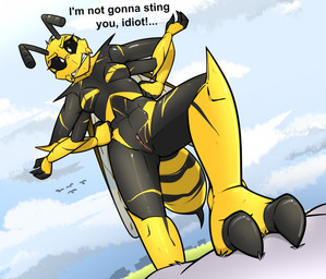 antennae_(anatomy) anthro breasts clitoral_hood clitoris dialogue duo feet female genitals looking_at_viewer nude outdoor_nudity outside simple_background spread_legs spreading standing stepped_on tail text toes vulva wings ryofox630 arthropod hymenopteran insect vespid wasp digital_media_(artwork) english_text hi_res