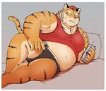 anthro barazoku bed belly border cellphone clothing electronics furniture humanoid_hands kemono lying male navel overweight overweight_male phone pillow shirt smartphone solo topwear underwear white_border aretna felid mammal pantherine tiger 2022 hi_res