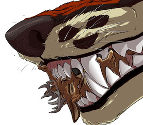 ambiguous_gender anthro antlers bite duo extreme_size_difference horn imminent_vore larger_ambiguous male mawplay micro micro_abuse simple_background size_difference smaller_male teeth whiskers tirrel tirrel_(tirrel) canid canine deer mammal