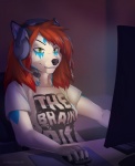 anthro blue_body blue_fur breasts clothed clothing computer computer_keyboard computer_mouse detailed_background electronics female fur green_eyes hair headgear headphones headset inside monitor multicolored_body multicolored_fur night red_hair smile smirk solo two_tone_body two_tone_fur white_body white_fur koul canid canine canis mammal wolf 2015 digital_media_(artwork)