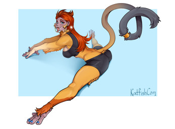 anthro biped bottomwear breasts butt clothed clothed_anthro clothed_female clothing feet female fingers fully_clothed fully_clothed_anthro fully_clothed_female fur hair looking_at_viewer smile solo tail teeth toes tongue topwear katfishcom haplorhine mammal monkey primate 2026 digital_drawing_(artwork) digital_media_(artwork)