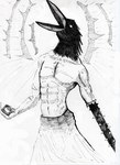 3_fingers abs amputee apron arm_scar beak black_body black_feathers chest_scar clothing disability feathers fingers for_a_head grey_beak looking_away looking_up male melee_weapon muscular muscular_humanoid muscular_male navel no_pupils open_beak open_mouth scar scar_on_arms scar_on_stomach screaming shirtless shirtless_humanoid shirtless_male shoulder_scar simple_background solo spikes standing war_cry weapon weapon_arm white_background nyco_bit fear_and_hunger crow_mauler animal_head animal_humanoid avian avian_humanoid bird bird_humanoid corvid corvid_humanoid corvus_(genus) corvus_humanoid crow crow_humanoid humanoid oscine passerine 2023 absurd_res black_and_white hi_res huge_filesize monochrome sketch traditional_media_(artwork)