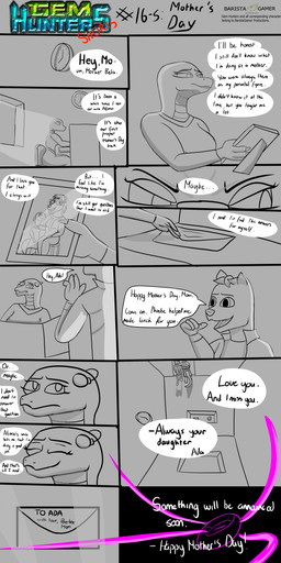 anthro cochlear_implant_processor deaf dialogue duo envelope female framed_picture holidays male reflection sitting text baristagamerproductions mother's_day ada_(gem_hunters) alfonso_(gem_hunters) background_character canid canine canis dingo mammal reptile scalie snake absurd_res comic english_text hi_res monochrome shaded