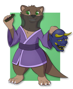 asian_clothing biped bipedal_feral brown_body brown_fur claws clothing east_asian_clothing female feral fur gesture green_eyes japanese_clothing kabuki_mask kimono looking_at_viewer mask purple_clothing robe robe_only semi-anthro shrug smile smiling_at_viewer solo veil wallet kerilyn mammal mustelid otter river_otter hi_res