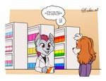 anthro clothing coat dialogue duo floppy_ears fur grey_body grey_fur hair hoodie humor inner_ear_fluff lab_coat lgbt_pride male male/male multicolored_body multicolored_fur open_mouth open_smile orange_body orange_fur pansexual_pride_colors pharmacist pharmacy pride_colors rainbow_pride_colors red_hair six-stripe_rainbow_pride_colors smile speech_bubble text topwear transgender_pride_colors tuft two_tone_body two_tone_fur white_body white_fur white_hair wide_eyed freckles_(artist) pecas_(freckles) shreddy_(shreddyfox) bird_dog canid canine canis domestic_dog fox hunting_dog mammal spaniel welsh_springer_spaniel 2022 english_text