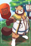 anthro asian_clothing belly big_belly black_nose blush bulge clothing east_asian_clothing fundoshi humanoid_hands japanese_clothing kemono male moobs outside overweight overweight_male plant solo tree underwear inugamihito tamacolle awa_(tamacolle) canid canine mammal raccoon_dog tanuki 2023 absurd_res hi_res