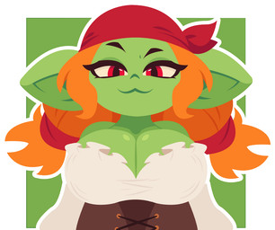 :3 big_breasts big_ears braided_hair breasts cleavage clothed clothing eyelashes female glistening glistening_breasts green_body hair kerchief looking_at_viewer not_furry orange_hair outline red_eyes solo white_outline smuggoblin goblin humanoid 2026 digital_drawing_(artwork) digital_media_(artwork)