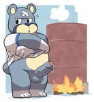 anthro balls bandage barrel bodily_fluids bottomless clothed clothing erection fire foreskin fur genital_fluids genitals grey_body grey_fur humanoid_genitalia humanoid_penis male penis precum slightly_chubby solo undressing tekimi animal_crossing nintendo curt_(animal_crossing) bear mammal