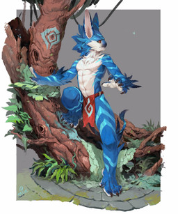 abs ambiguous_gender athletic blue_body blue_fur bottomwear claws clothing fluffy fur log loincloth long_ears looking_away male moss multicolored_body muscular muscular_male outside plant raised_leg red_eyes rock simple_background solo symbol tree tribal white_body white_fur wood yzmuya unknown_species absurd_res hi_res